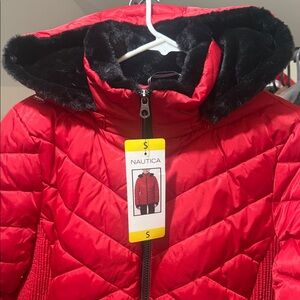 Nautica Red Quilted Hooded Jacket with Black Faux Fur Trim